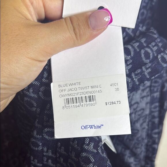 NWT- OFF-WHITE Navy Button-Up Shirt with Patterned logo Print- size 38 (Size 2) - Picture 13 of 16